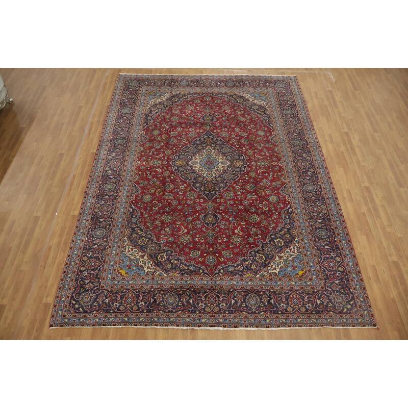 Hand Knotted Oriental 100% Wool Carpet Traditional Floral Red Kashan Area Rug - 13' 5'' X 9' 7''