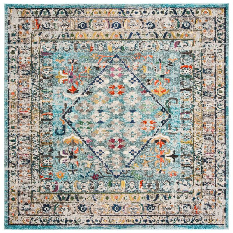 SAFAVIEH Monaco Rukije Bohemian & Eclectic Geometric - 6'7" x 6'7" Square - Blue/Light Grey - Square