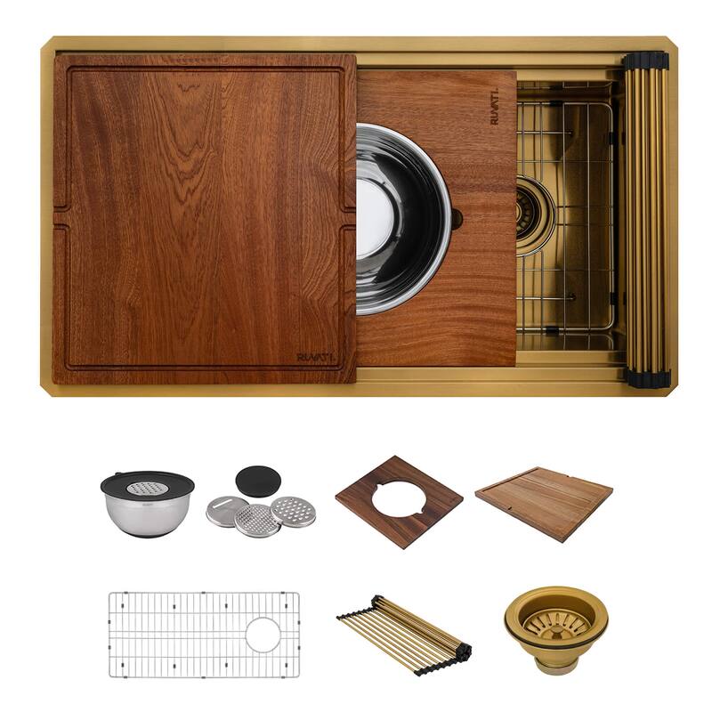 Ruvati 33-inch Matte Gold Stainless Steel Workstation Undermount Kitchen Sink - RVH6222GG
