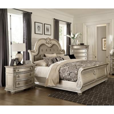 3pc Bedroom Silver Finish Formal Bed Chest Nightstand Set