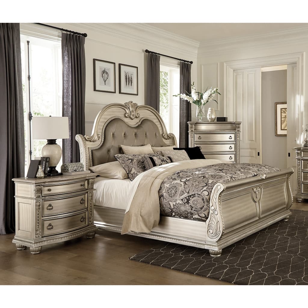 3pc Bedroom Silver Finish Formal Bed Chest Nightstand Set