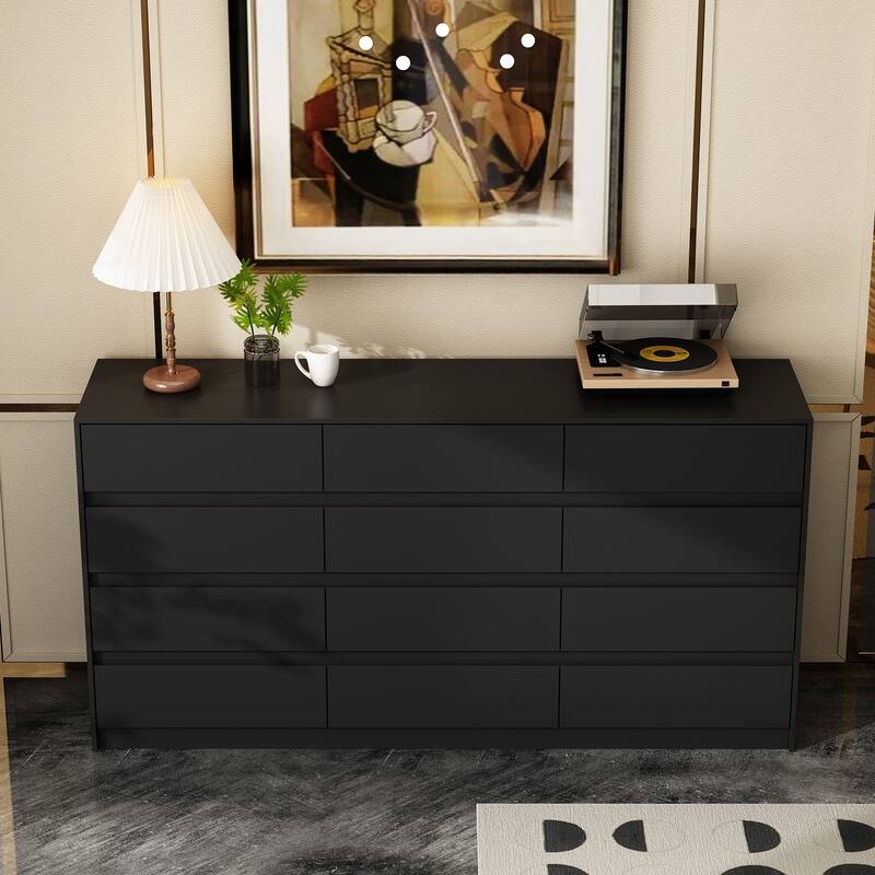 Modern 12-Drawer Bedroom Dresser - Sleek Storage Chest, White or Black