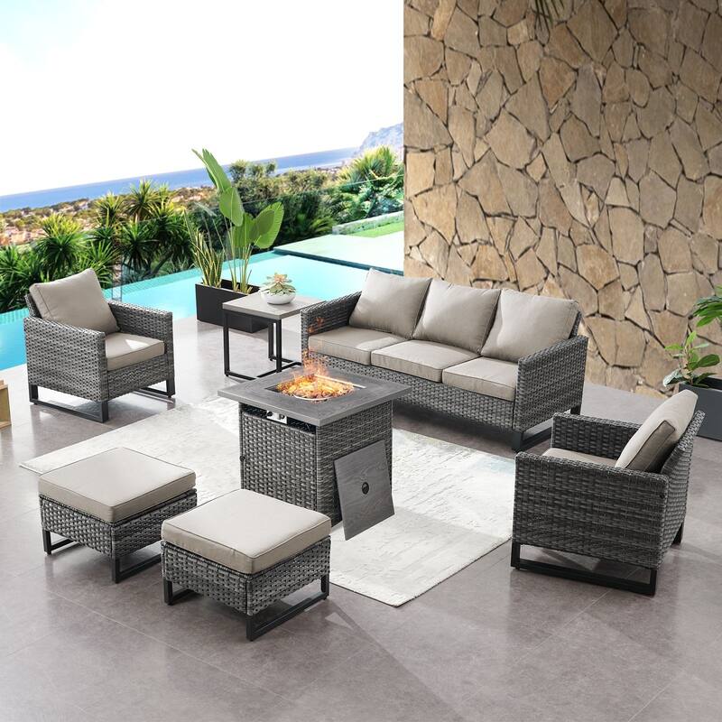 Pati Sofa with Fire Pit Table and Club Chairs, Side Table - Grey - Beige