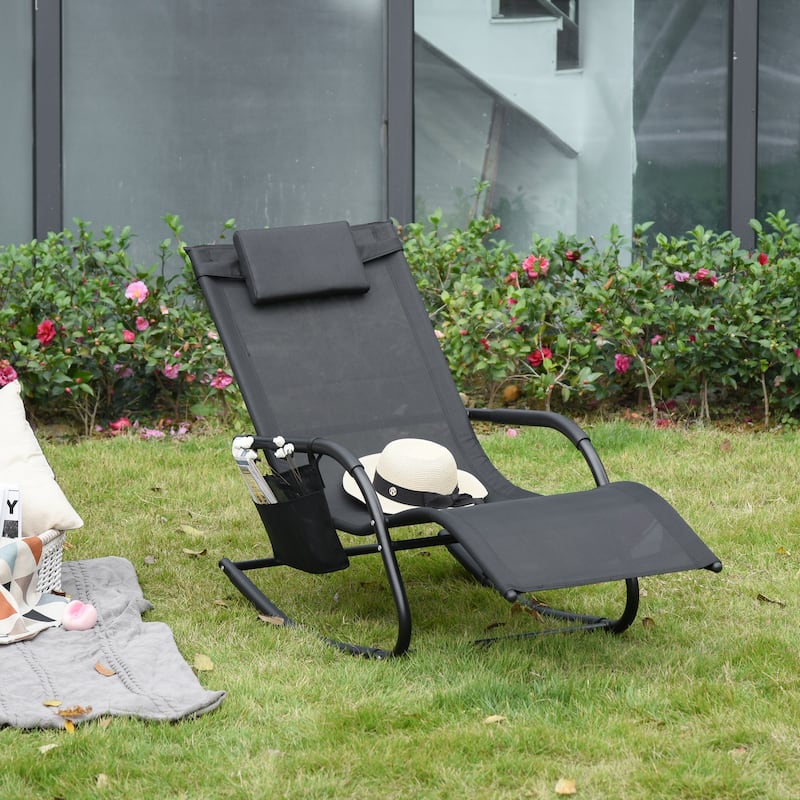 Outdoor Rocking Chaise Lounge Chair with Headrest Armrests and Side Pocket Breathable Mesh Recliner - 59" L x 24.5" W x 34.75" H