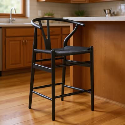 HomeRoots 27" Black Solid Wood Counter Height Bar Chair