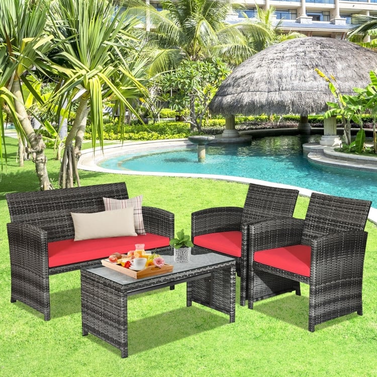 4 Pieces Patio Rattan Furniture Set with Glass Table and Loveseat - 43.5" x 25"x 31" (L x W x H)