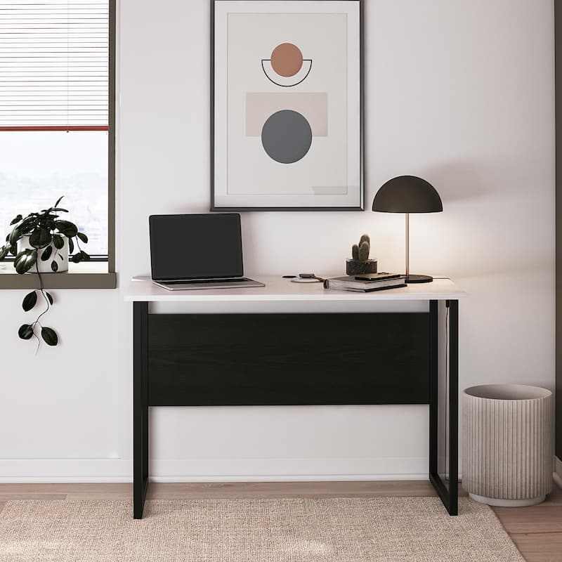 Roomfitters Sorina Writing Desk with U-Shaped Metal Legs and Two-Tone Finish, White and Light Oak