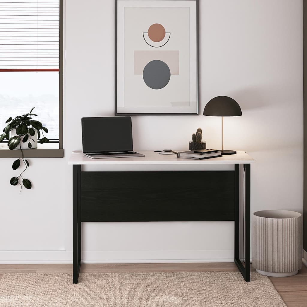 Roomfitters Sorina Writing Desk with U-Shaped Metal Legs and Two-Tone Finish, White and Light Oak