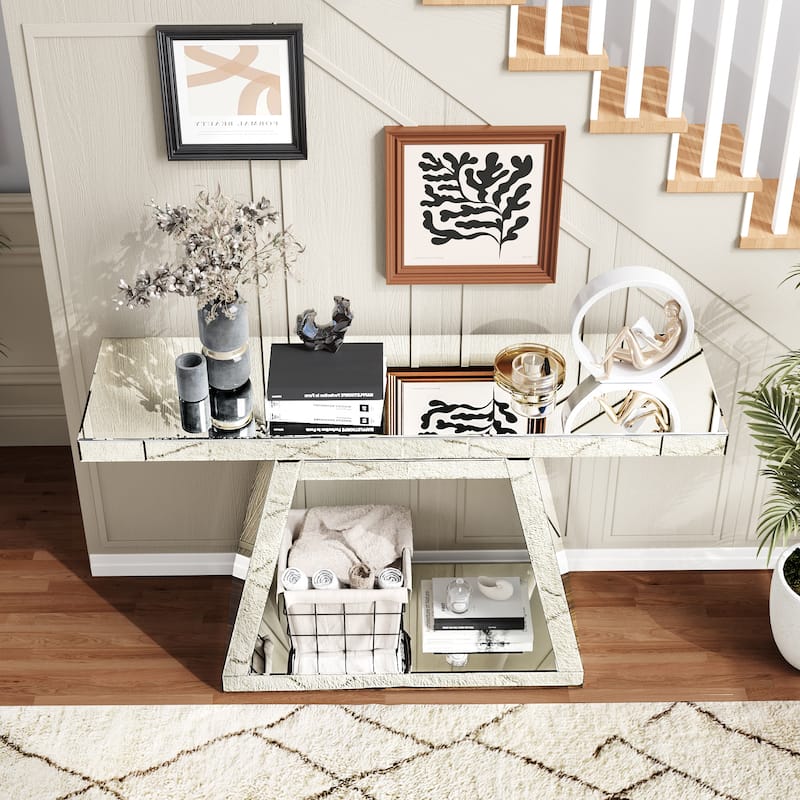 Silver Console Table with Trapezoid Base, Full-Body Mirror Entryway Table