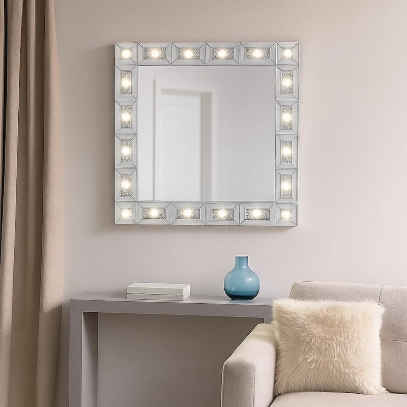Mirror Panel Frame Wall Decor with Light Function and Faux Diamond, Silver