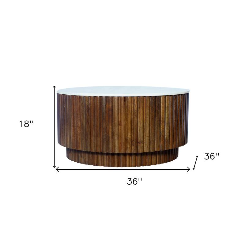HomeRoots 36" Brown Genuine Marble And Solid Wood Round Drum Coffee Table - 36.00 in. x 18.00 in. x 36.00 in.