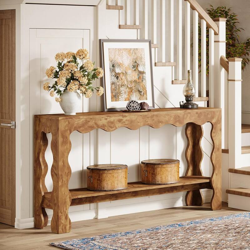 63 Inch Console/Entryway Table, Modern Rustic Entry Table with Scalloped Edge & Storage Shelf