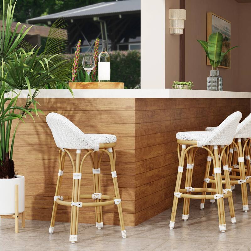Tobias Outdoor Rattan and Metal Low Back Counter Stool - Smooth White
