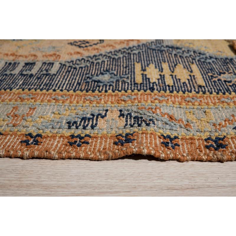 Blue Handwoven Wool High-Low Kilim Rug by EORC | Stylish and Textured