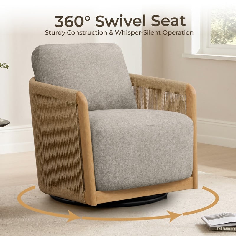 Spruce & Spring Boho Braid Swivel Accent Chair with Woven Paper Rope Armrests&Wood-Look Metal Frame