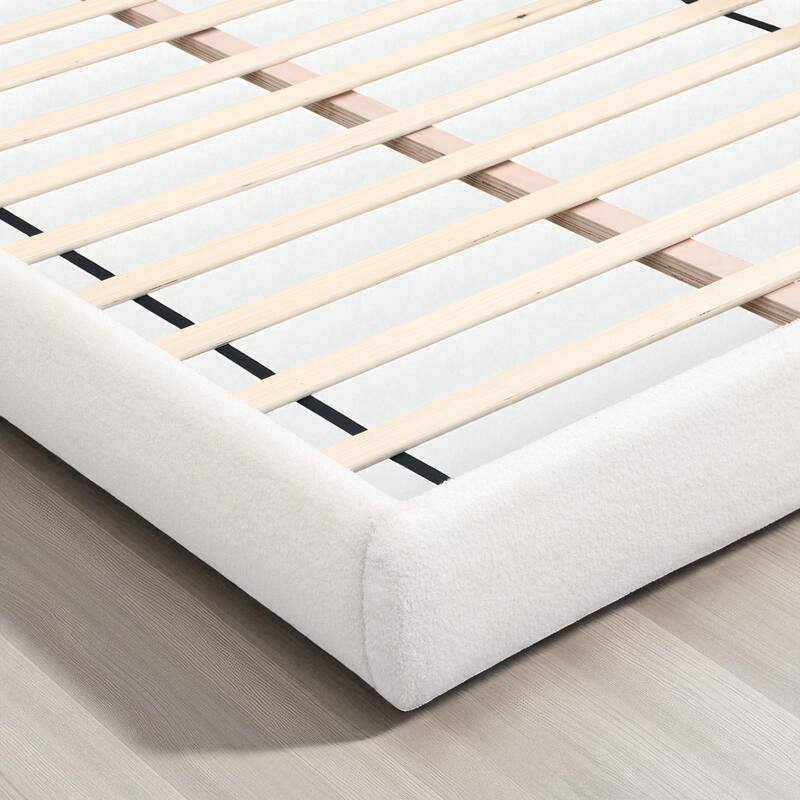 Queen Size Upholstered Arched Boucle Bed Frame with Built-in Small Table, Beige Modern Platform Bed