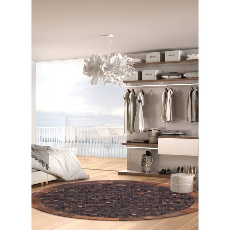 ECARPETGALLERY Handmade Cowhide Patchwork Dark Brown Leather Rug - 7' x 7'