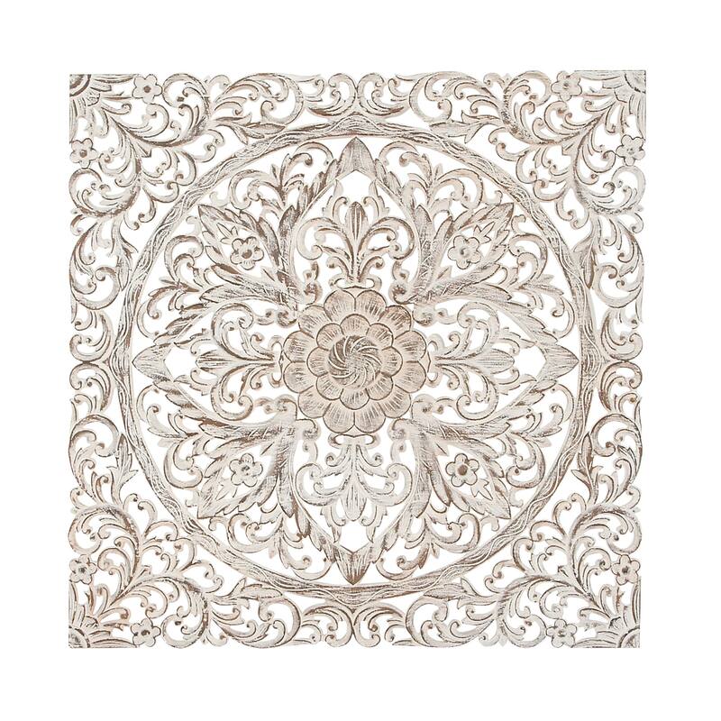 White Wood Handmade Intricately Carved Mandala Floral Home Wall Decor with Brown Distressing
