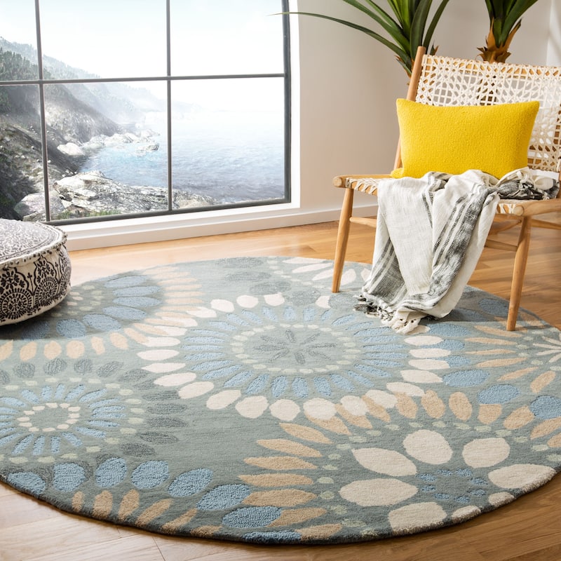 SAFAVIEH Handmade Jardin Charu Country Floral Wool Rug - 6' Round - Grey/Blue