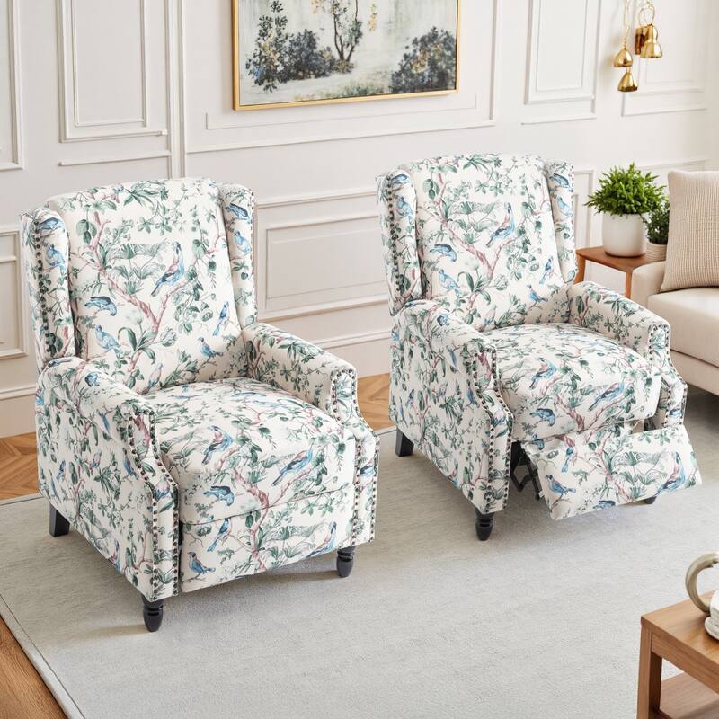 Floral Linen Manual Recliner Chair with Footrest set of 2