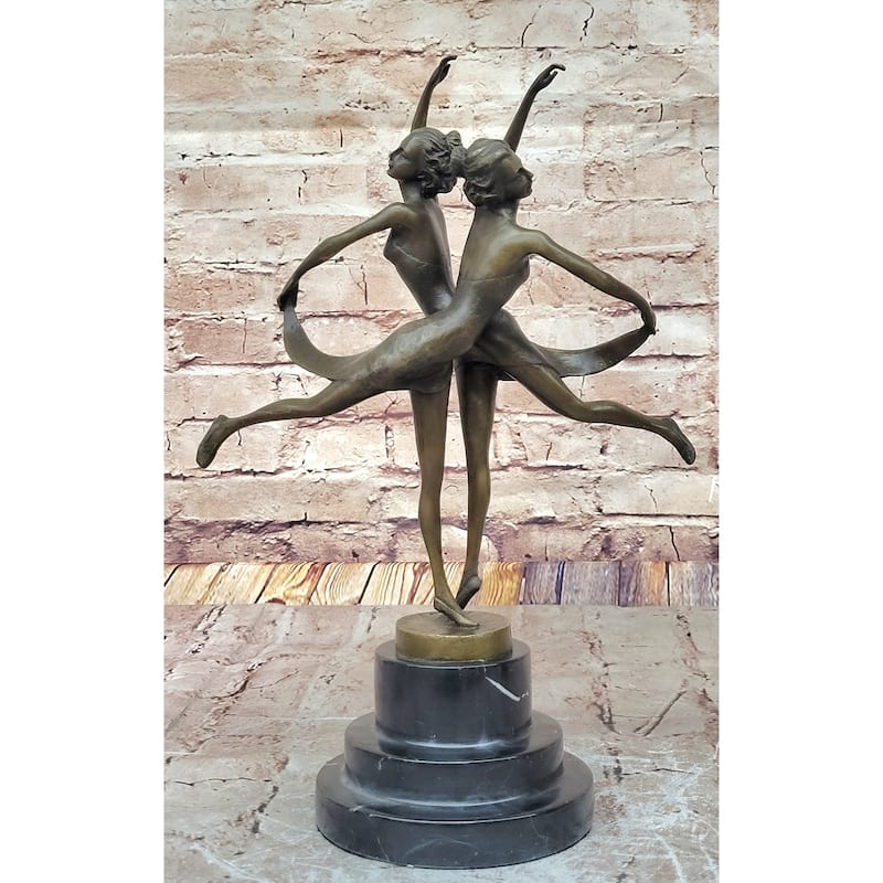 Dual Ballerina Dancers Gemini Girls Bronze Statue Sculpture Collectible Vitaleh Original 14 Inches X 10 Inches