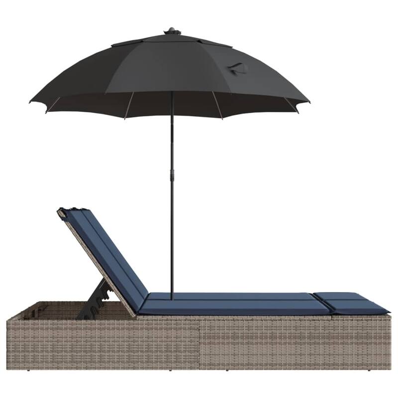 vidaXL Patio Double Sun Lounger&Cushions&Parasol Poly Rattan Brown/Gray/Black - 78.7" x 64.6" x 69.3"