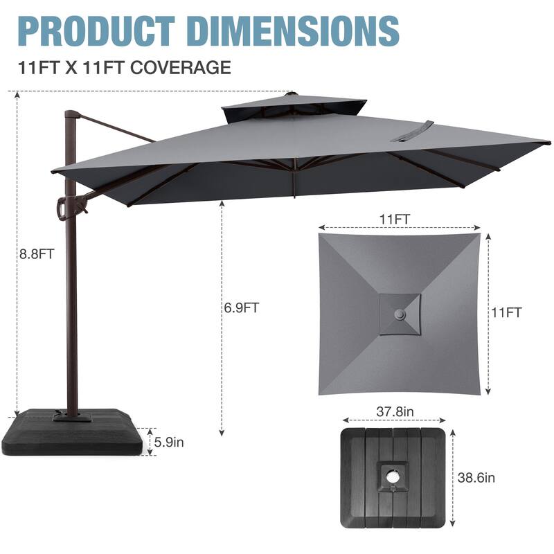 VredHom 11 FT Square Outdoor Patio Double Top Cantilever Umbrella with Weight Base