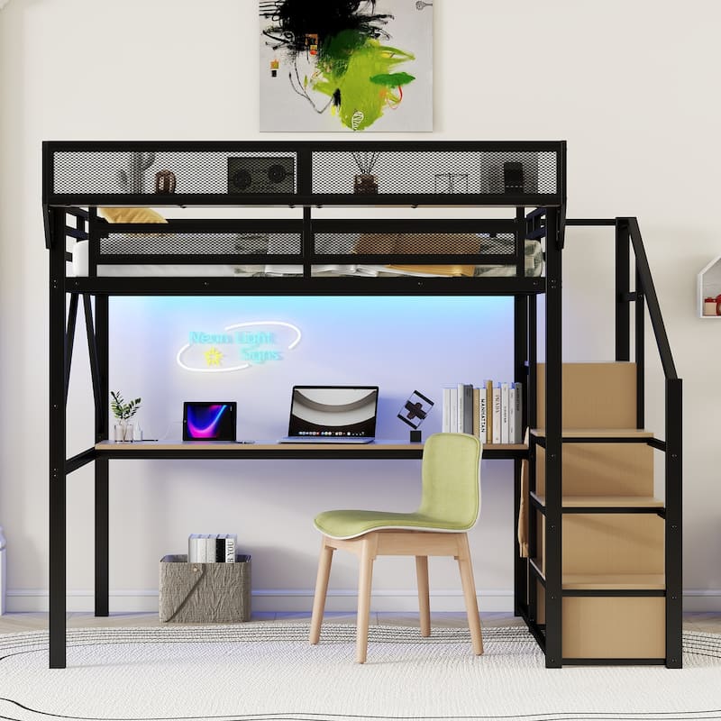 Full Size Metal Loft Bed with Built-In Desk, Charging Station and RGB Lighting, Staircase with Storage and Wardrobe