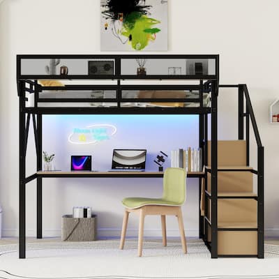 Iron Loft Bed Frame with Desk, Charging Station, Bedside Shelf and Wardrobe, Heavy Duty Metal Loftbed with LED Lights
