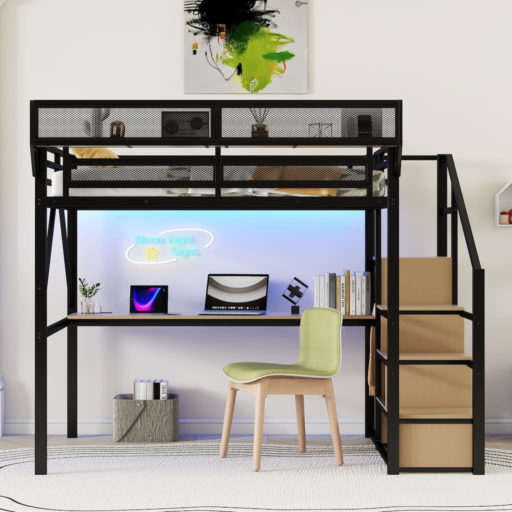 Iron Loft Bed Frame with Desk, Charging Station, Bedside Shelf and Wardrobe, Heavy Duty Metal Loftbed with LED Lights