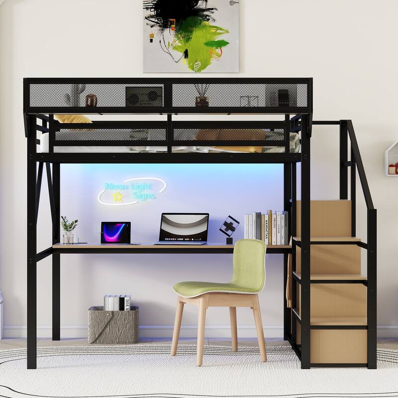 Metal Loft Bed with Storage Stairs Upper Storage Shelves and Wardrobe, Metal Structure Bed Optional Desk Charging Station
