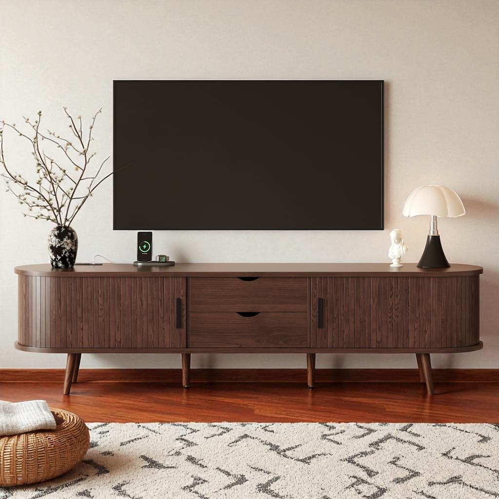 70 Inch Mid Century Modern TV Stand with Tambour Doors, Drawers, and Power Outlets, Media Console for TVs Up to 80 Inch