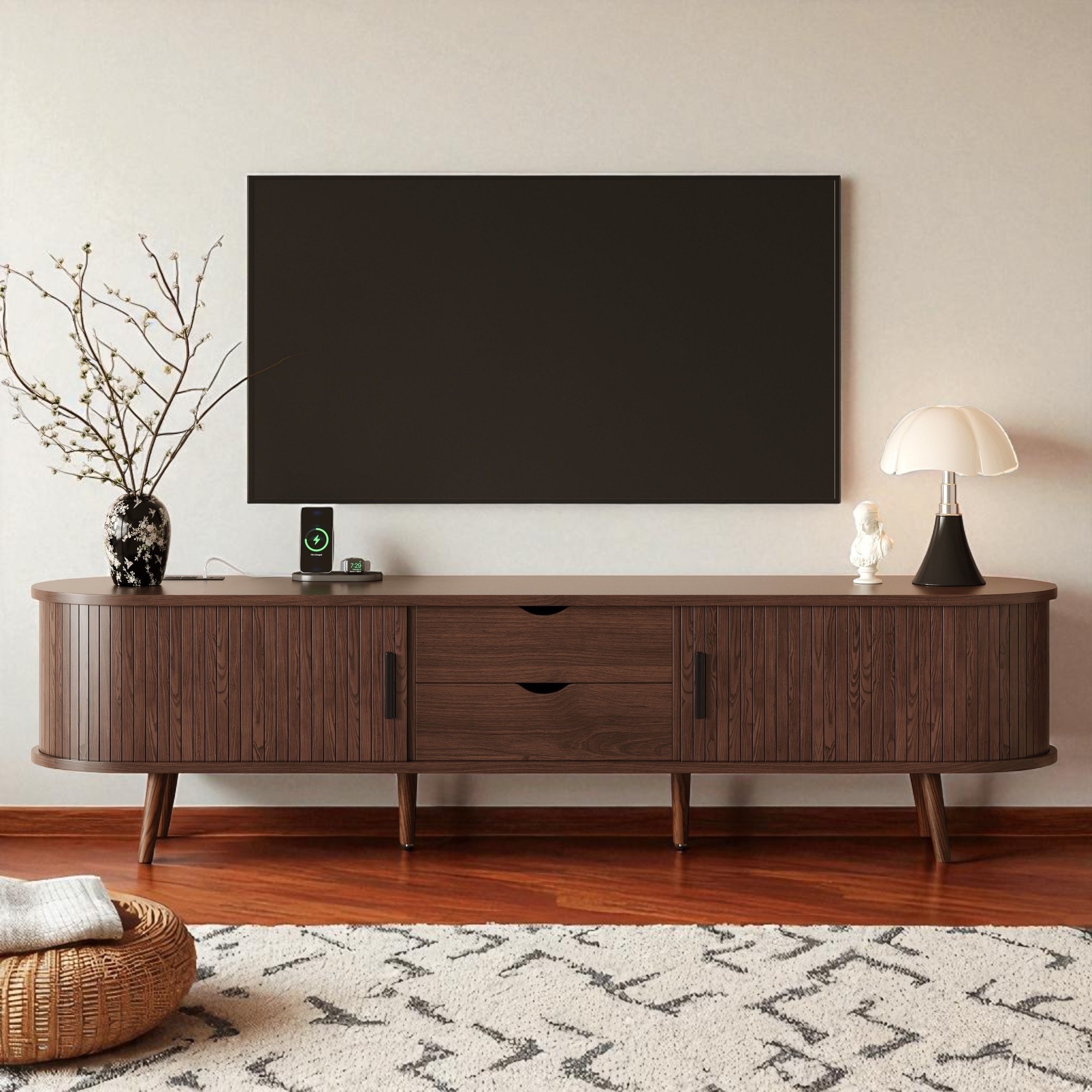 70 Inch Mid Century Modern TV Stand with Tambour Doors, Drawers, and Power Outlets, Media Console for TVs Up to 80 Inch