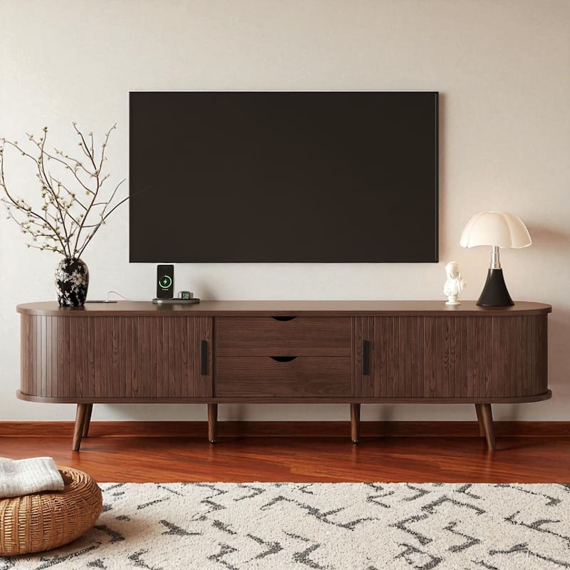 70 Inch Mid Century Modern TV Stand with Tambour Doors, Drawers, and Power Outlets, Media Console for TVs Up to 80 Inch - Dark Brown