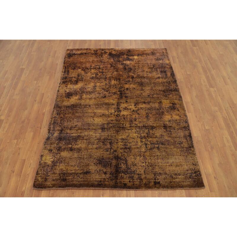 Hand Knotted Oriental Viscose Silk Carpet Modern Abstract Yellow & Gold Abstract Area Rug - 7' 9'' X 5' 8''