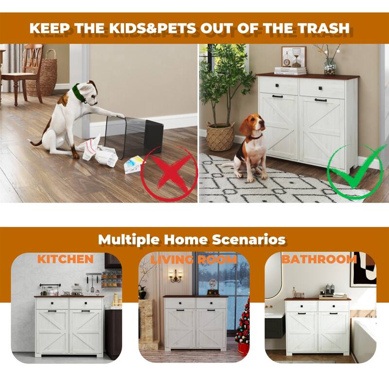 Farmhouse Double Tilt Out Trash Cabinet with Drawer for Kitchen Laundry