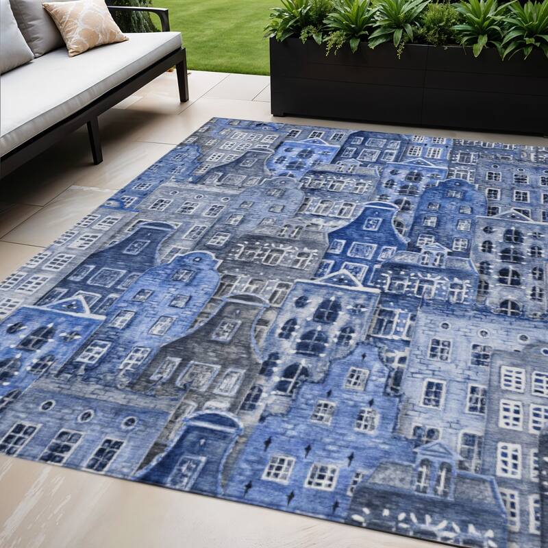 HomeRoots Village Houses Transitional Rectangle Outdoor Rug - 5' X 8'