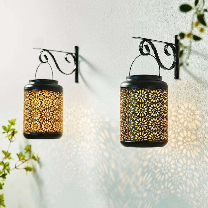 Glitzhome Set of 2 Metal Flower Solar Powered Outdoor Hanging Lantern
