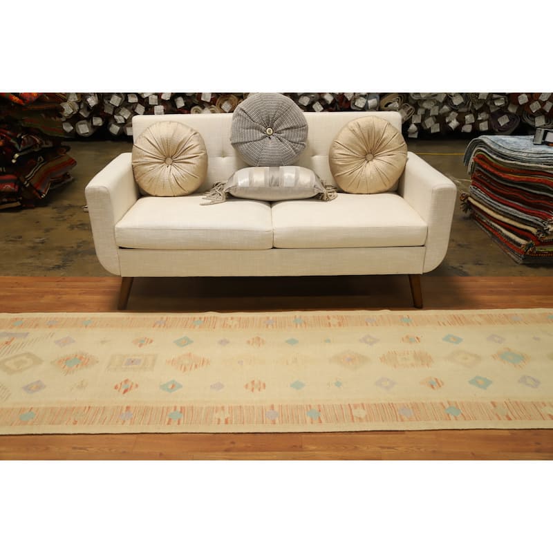 Hand Woven Oriental 100% Wool Carpet Southwestern Tribal Beige & Ivories Kilim Runner Rug - 9' 10'' X 2' 10''