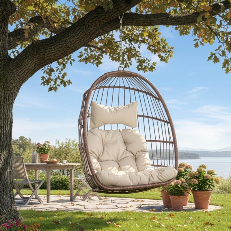 Outdoor Indoor Wicker Foldable Hanging Egg Chair Without Stand, Patio Swing Chair with Cushion, 350 lb Capacity