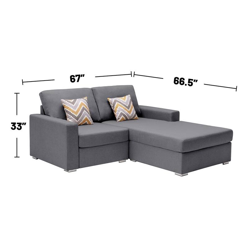 Linen Fabric 2-Seater Reversible Sofa Chaise with Pillows and Interchangeable Legs in Grey