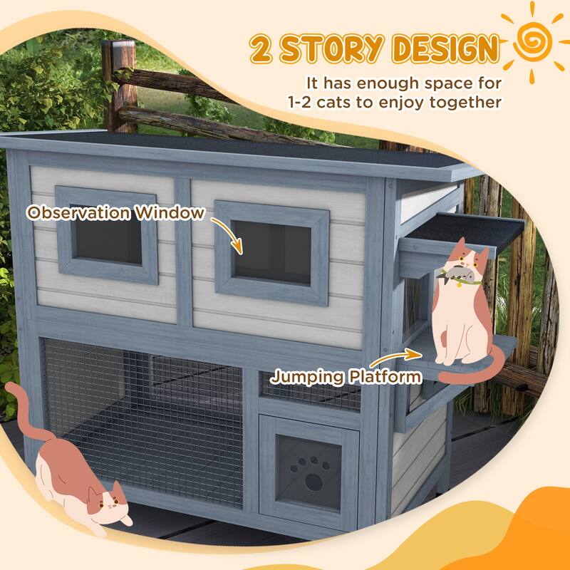 PawHut Outdoor Cat House, 2 Tier Weatherproof Feral Cat Shelter with Escape Door, Asphalt Roof, Jump Platform - LIGHT GREY