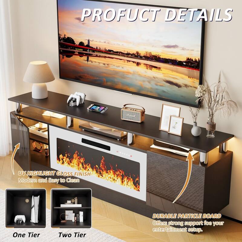 BOSSIN 70" Modern Electric Fireplace TV Stand, with Electronic Flame and LED Lights, High Gloss Finish Entertainment Center