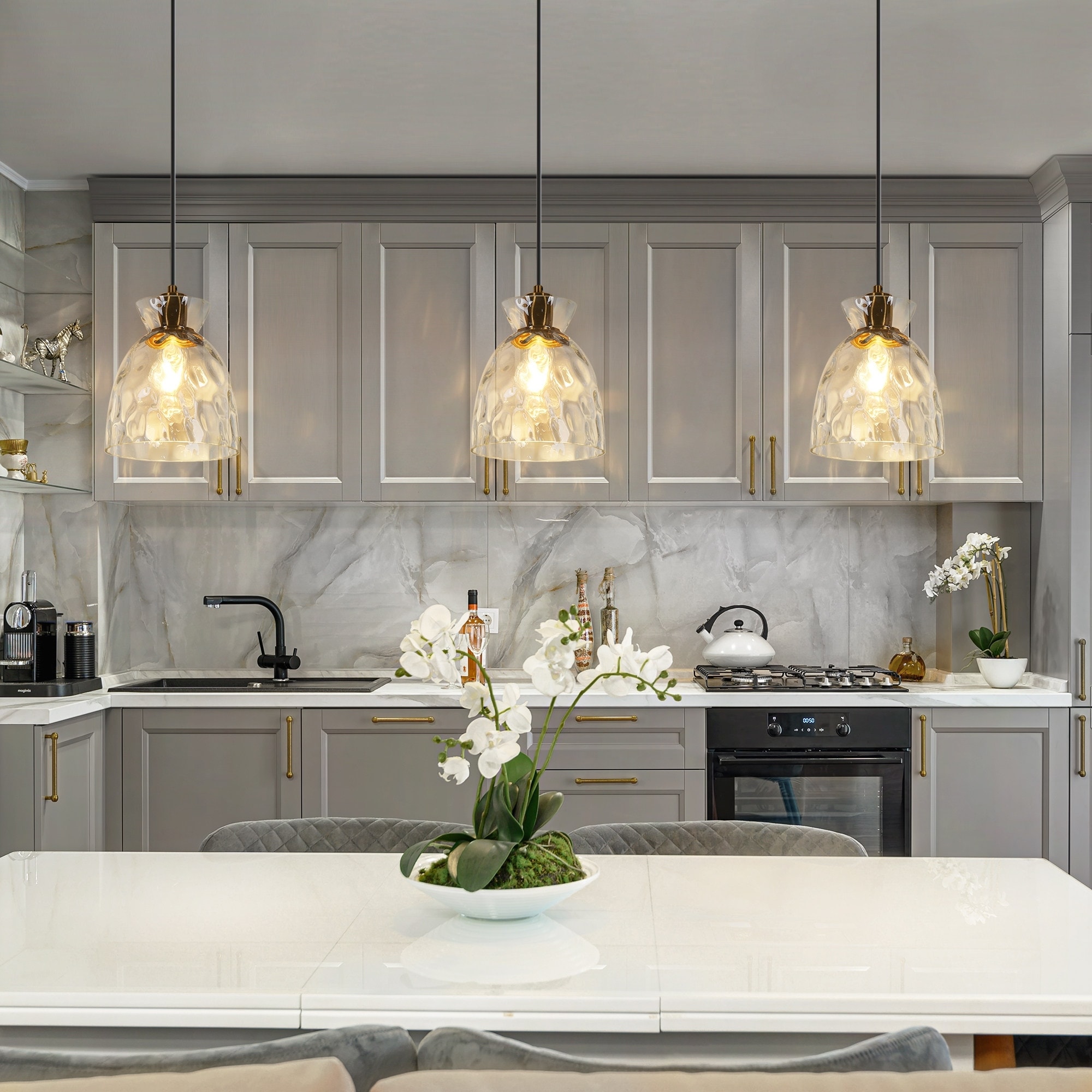 Elisie Mid-century Modern Pendant Light 1-Light Waterfall Glass Hammered Dome Kitchen Island Lighting Dining Room