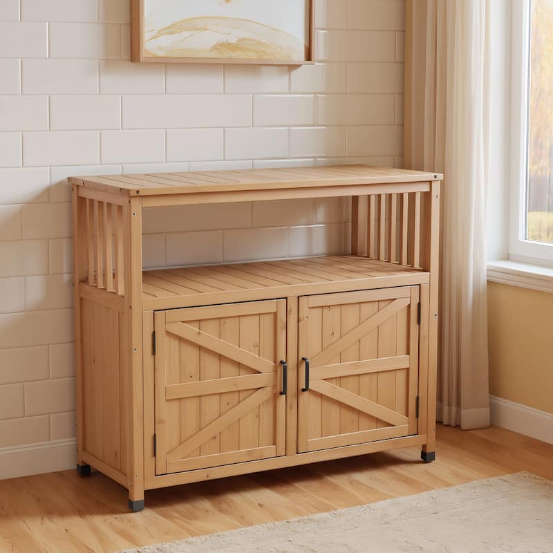 Wood Patio Bar Cabinet, Rustic Cedar Buffet Table with Storage, All-Weather Indoor/Outdoor Multi-Purpose Sideboard