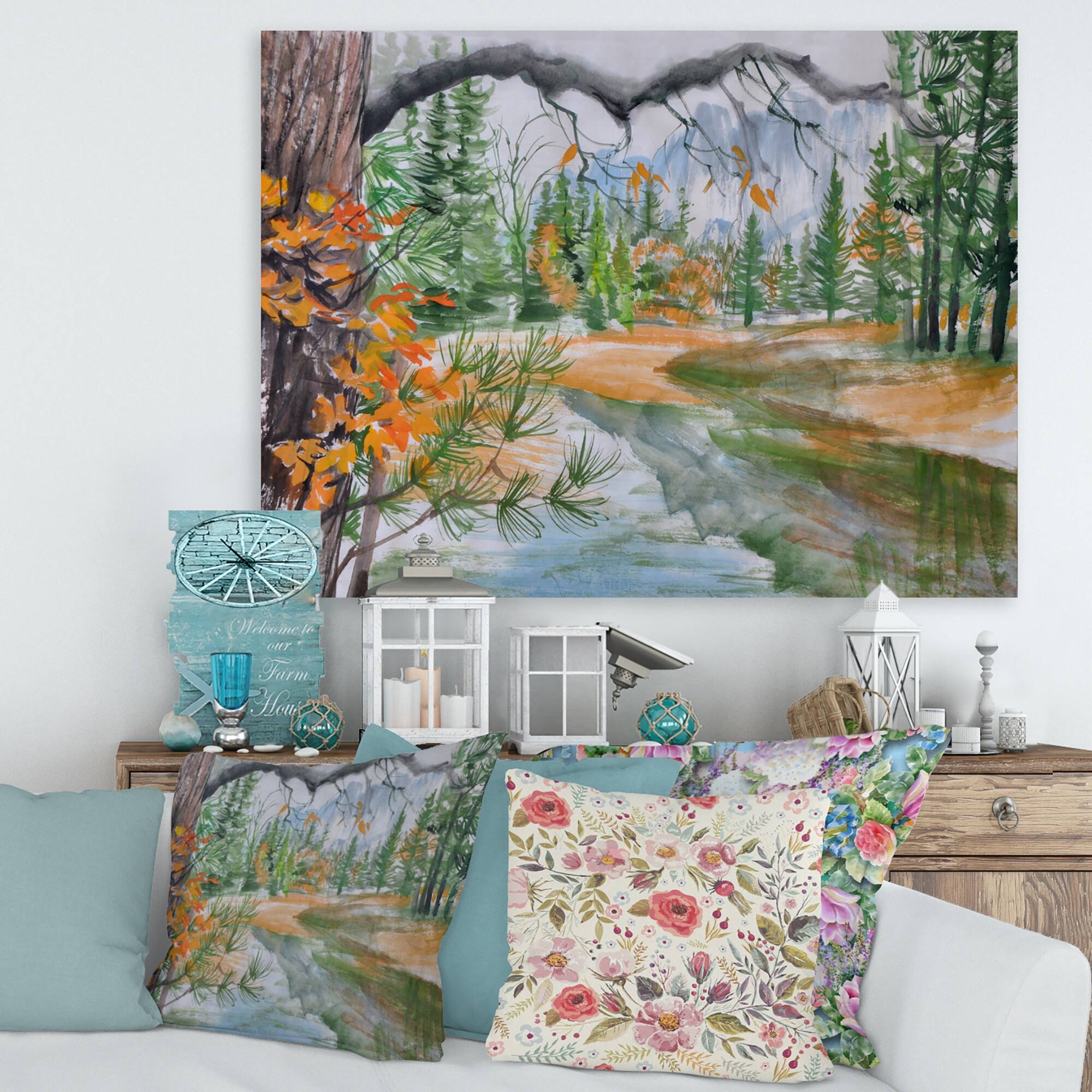 Designart "River With Trees In Autumn Forest" Lake House Canvas Wall