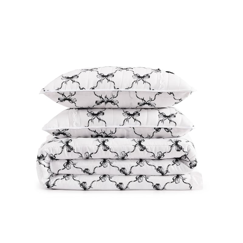 Maisy Bows Mauve White All-Season Embellished Ruffle Reversible Quilt Set - Full/Queen - Black - Full