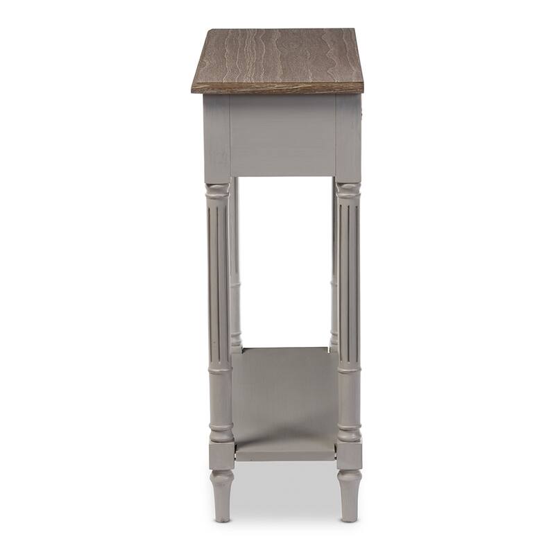 Edouard French Provincial Style White Wash Distressed Wood and Grey Two-tone 1-drawer Console Table - 31.2"H x 31.2"W x 11.7"L