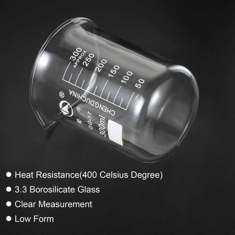 300ml Low Form Glass Beaker, 3.3 Borosilicate Lab Measuring Cups - Clear