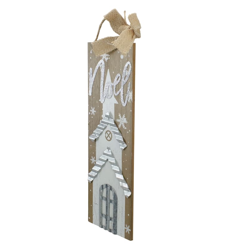 12.5 White Church and Snowflakes with Metal Noel Wooden Christmas Wall Decoration - 12.5"